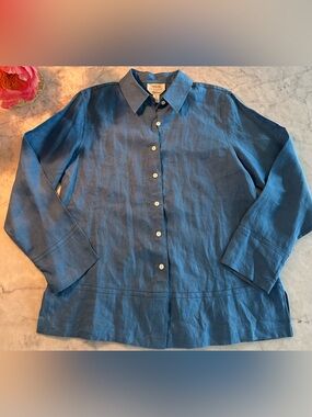 Talbots Teal Linen Shirt Ladder Cut-Out Detailing Elevated PL Retails $110 NWOT